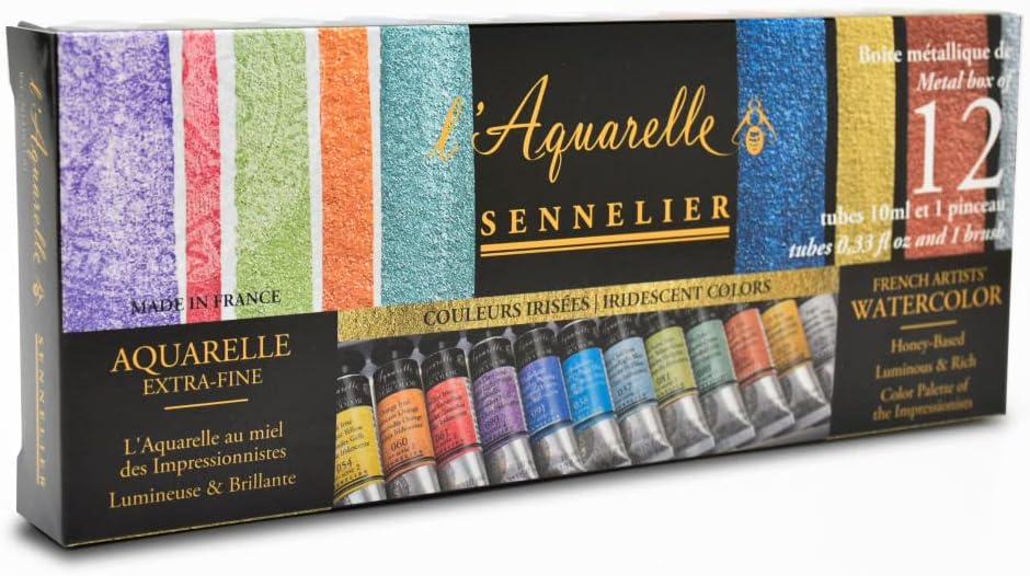 Sennelier l'Aquarelle Irisierende Farben, 12 Tuben á 10ml und Pinsel im Metallkasten