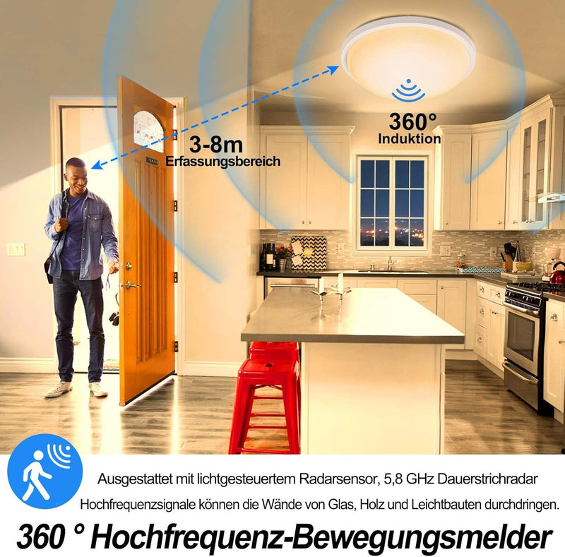 UISEBRT LED Deckenleuchte Moderne Rund, 15W Deckenlampe mit Bewegungsmelder 1200LM, IP44 Wasserdicht