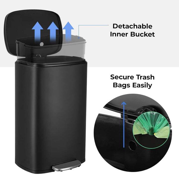 LIFERUN Mülleimer 50l, Treteimer aus Stahl, Soft-Close Tretmülleimer, Grosser Abfalleimer mit Deckel