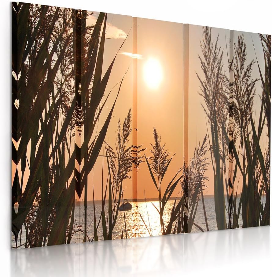 Feeby Frames, Leinwandbild Bilder Wand Bild - 5 Teile - Wandbilder Kunstdruck (SONNENUNTERGANG, GOLD