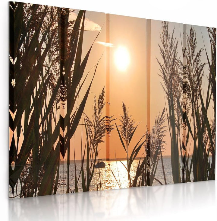 Feeby Frames, Leinwandbild Bilder Wand Bild - 5 Teile - Wandbilder Kunstdruck (SONNENUNTERGANG, GOLD