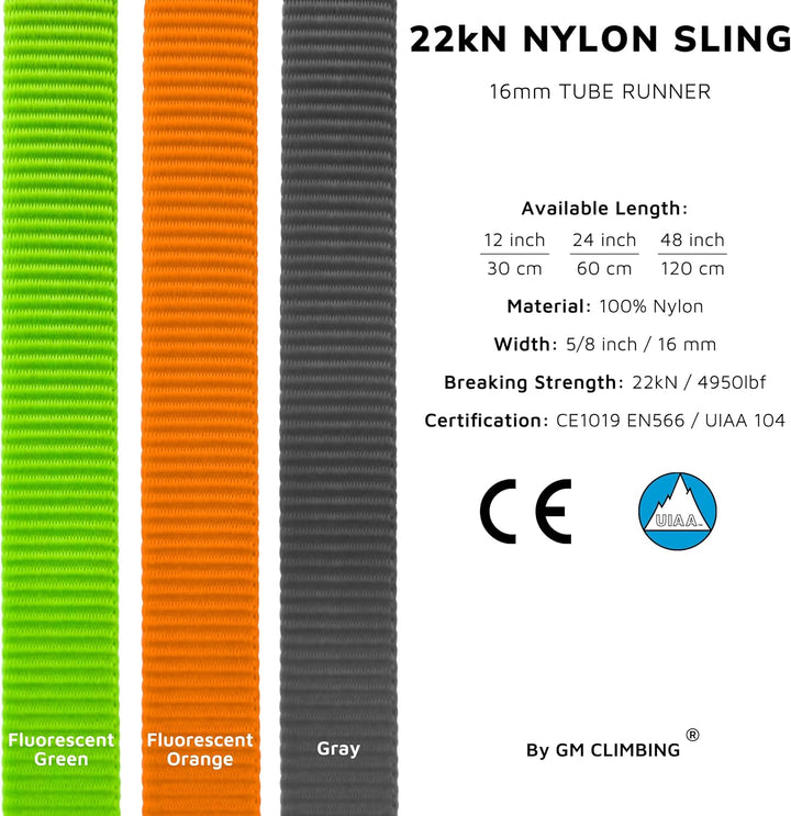 GM Climbing 16mm Nylon Sling Runner 22kN / 4950lbf CE UIAA Certified Fluoreszierendes Orange 60cm /