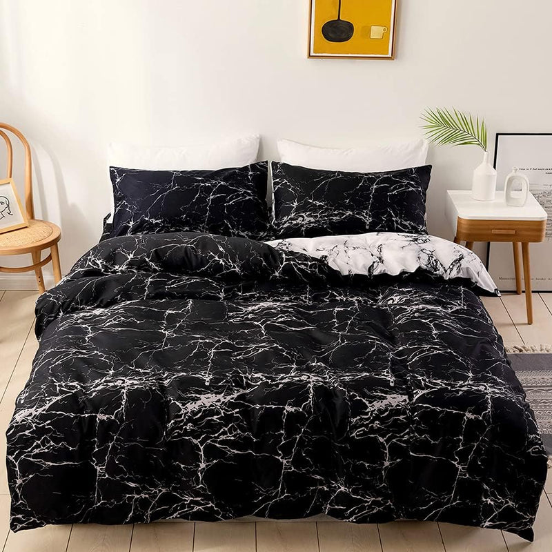 Luofanfei Bettwäsche Schwarz Weiss 135x200 4teilig Marmor Muster Modern Schwarze Microfaser Bettwäsc