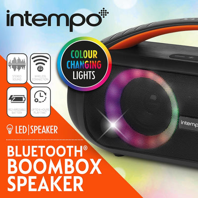 Intempo EE7508BLKSTKEU7 Bluetooth Boombox Lautsprecher – LED Farbwechsel Lichter, Tragegriff, Steuer