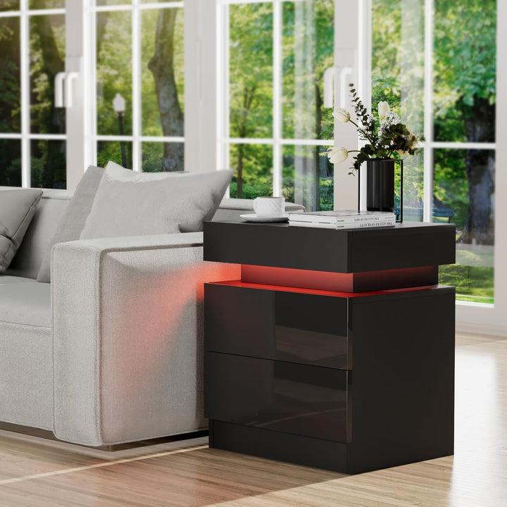 PIPIPOXER Nachttisch Schwarz mit LED Licht, 16 Farben 2 Schubladen und Hochglanz Kommode Nachttisch