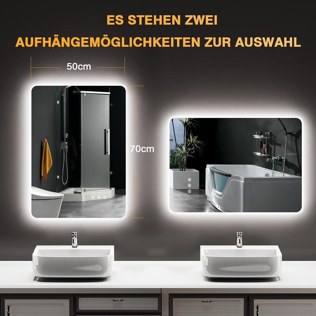 Badspiegel mit Beleuchtung, Led Spiegel Bad mit Licht, Antibeschlag, 3 Lichtfarben, Dimmbar, Speiche