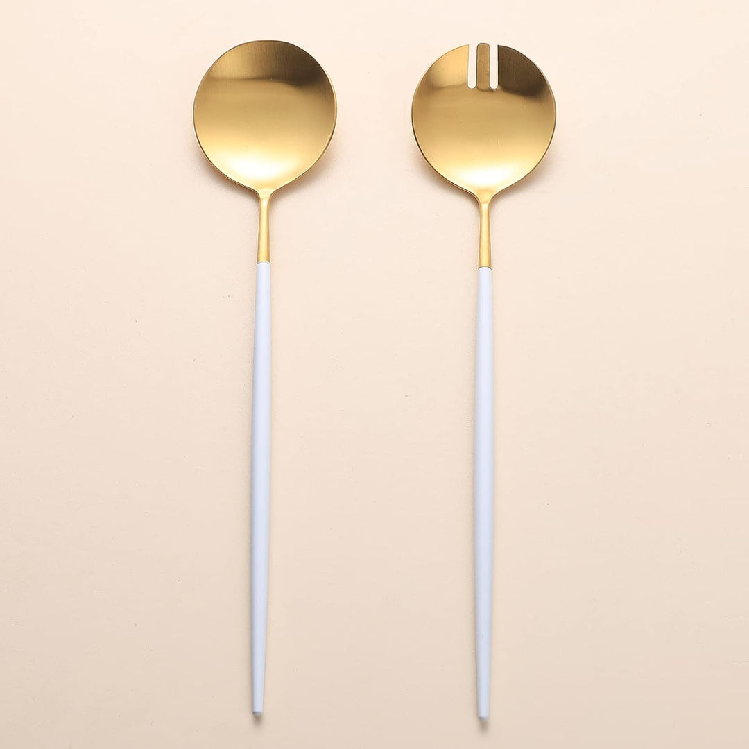 Salatbesteck, Löffel und Gabel, 29 cm, 18/10 Edelstahl, Titanbeschichtung (Weissgold) Weiss/Gold, We