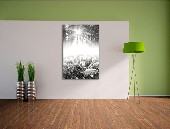 Pixxprint blühende lila Blumen im Wald Kunst Kohle Effekt, Format: 100x70 auf Leinwand, XXL riesige