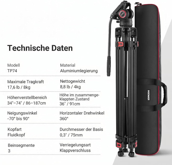 NEEWER 74" Pro Videostativ mit Fluidkopf, QR Platte kompatibel mit DJI RS Gimbals Manfrotto, strapaz