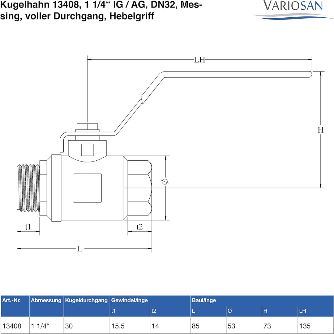 VARIOSAN Kugelhahn 13408, 1 1/4" IG/AG, DN32, Messing, voller Durchgang, Hebelgriff, 1 1/4"