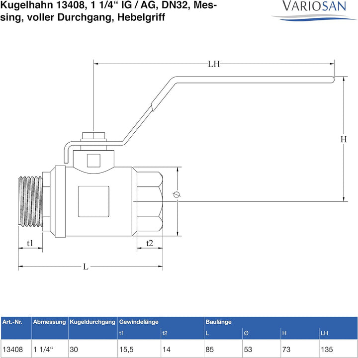 VARIOSAN Kugelhahn 13408, 1 1/4" IG/AG, DN32, Messing, voller Durchgang, Hebelgriff, 1 1/4"