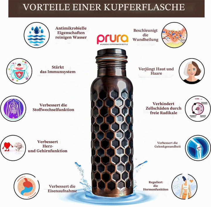 ayurvedische Kupfer-Wasserflasche, auslaufsicheres naturreines Kupfergefäss 900ml/30oz 900 ml Design