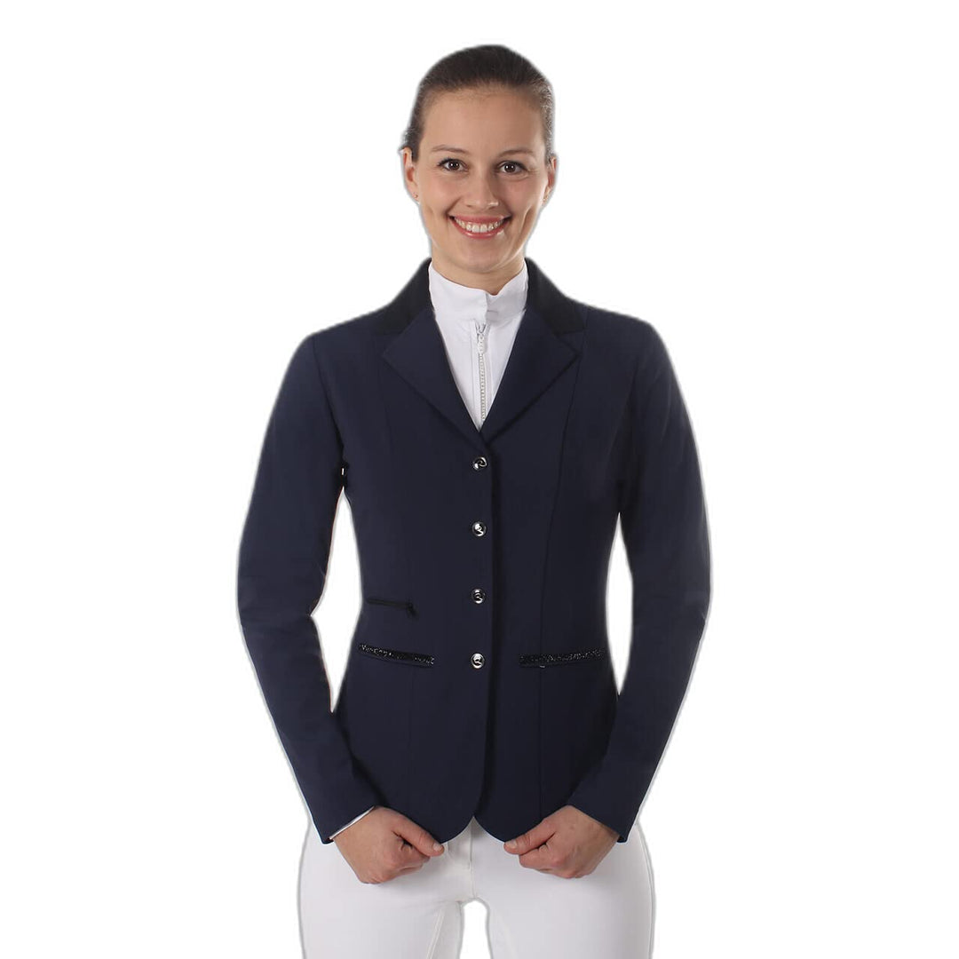 QHP Damen Turniersakko Turnierjacket Juliet Stretchgewebe Glitzerband 44 Blau, 44 Blau
