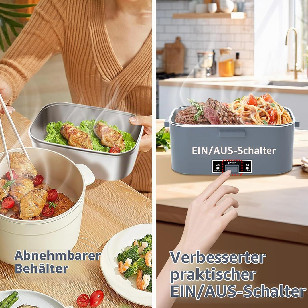 Elektrische Lunchbox 100W, 3-in-1 tragbare beheizte Lunchbox, Herausnehmbare Edelstahl-Brotdose, 12V