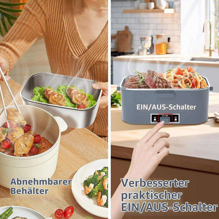 Elektrische Lunchbox 100W, 3-in-1 tragbare beheizte Lunchbox, Herausnehmbare Edelstahl-Brotdose, 12V