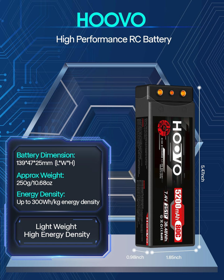 HOOVO 2S LiPo Akku 7,4V 80C 5200mAh RC Batterie Hartschale mit Deans-T Stecker für RC Auto Boot Truc
