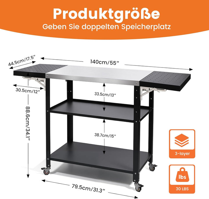 Gourmet Grilltisch Klappbar Servierwagen 3 Etagen Küchenwagen, Edelstahl Grillwagen Beistelltisch Ou