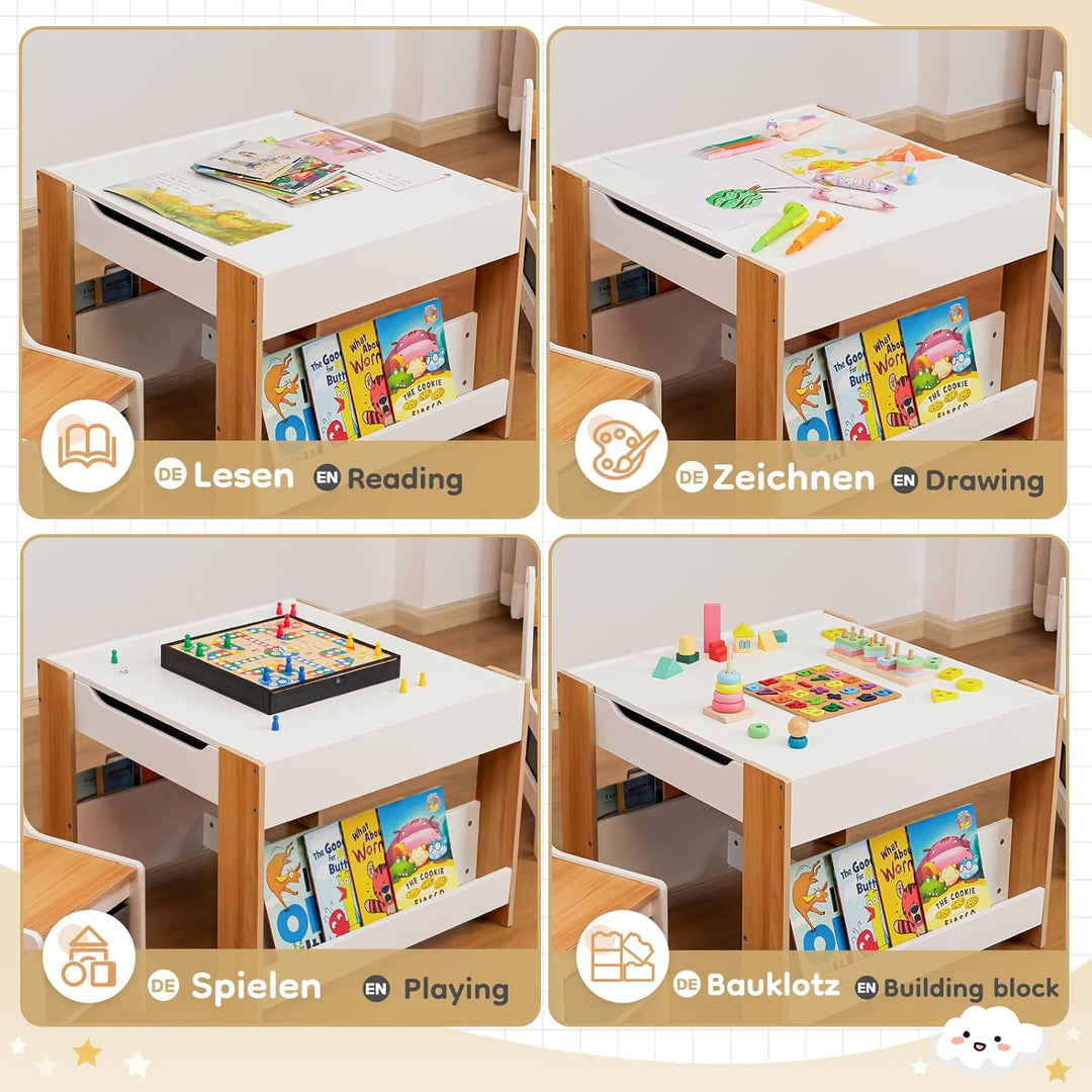 Yorbay Kindertisch mit 2 Stühle, Kindermöbel Set aus Holz mit Stauraum und Bücherregalen, 3 in 1 Mal