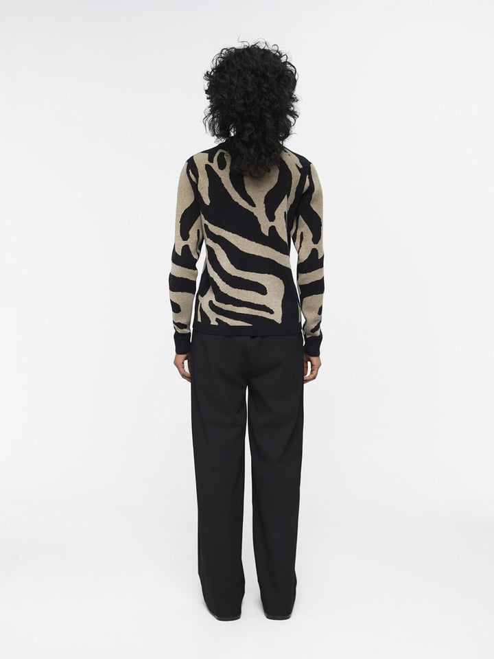Object Damen Objray L/S Knit Pullover AOP Noos Strickpullover XS Black/Aop:fossil Big Animal Jaquard