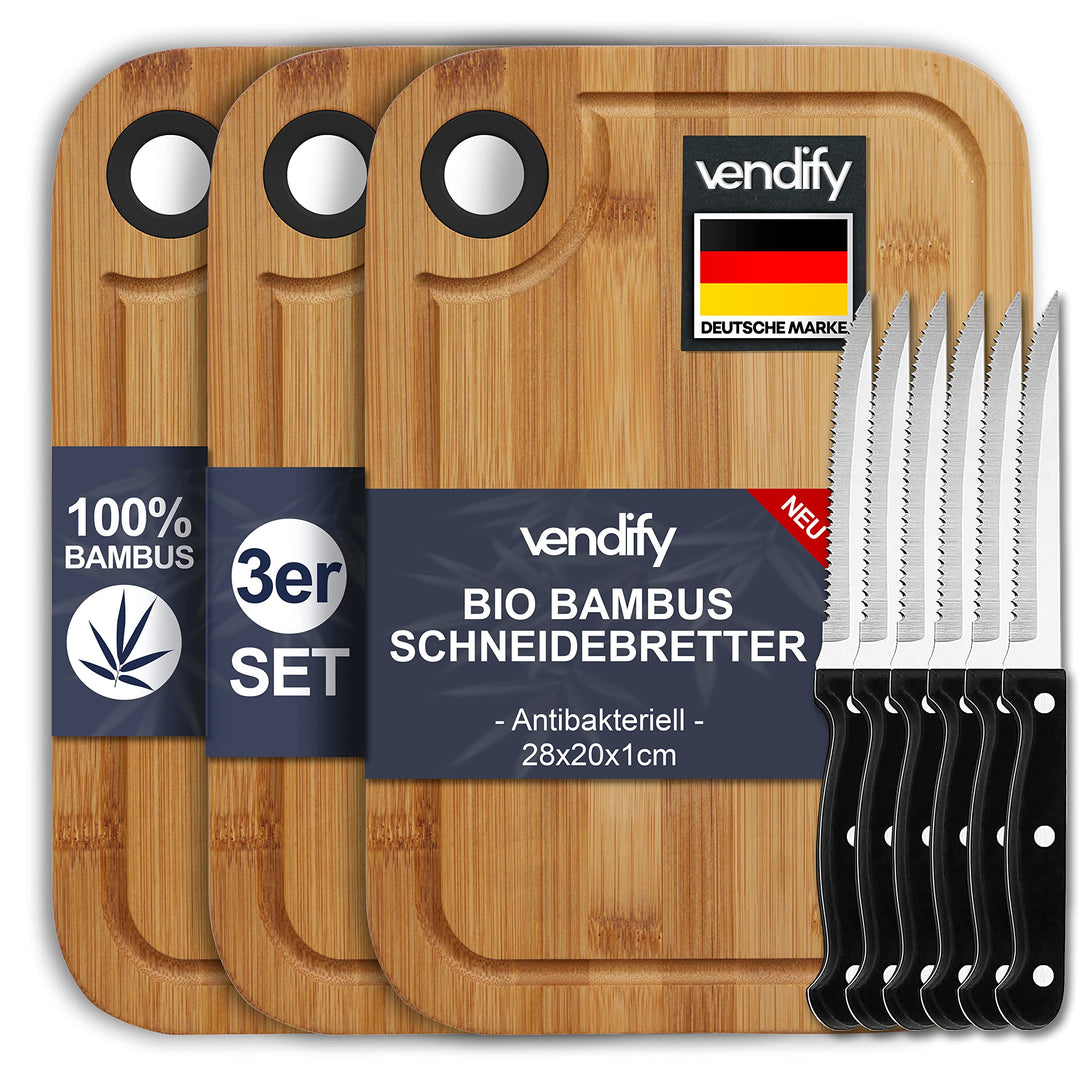 vendify® Bambus Frühstücksbrettchen 3er-Set & 6x Steakmesser - 3x Schneidebrett 28x20 cm - Antibakte
