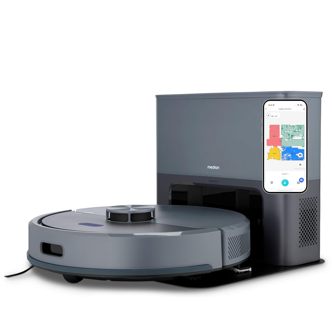 MEDION Saugroboter mit Absaugstation und Wischfunktion X23 SW+ (Lasernavigation, Starke 5000Pa Saugk