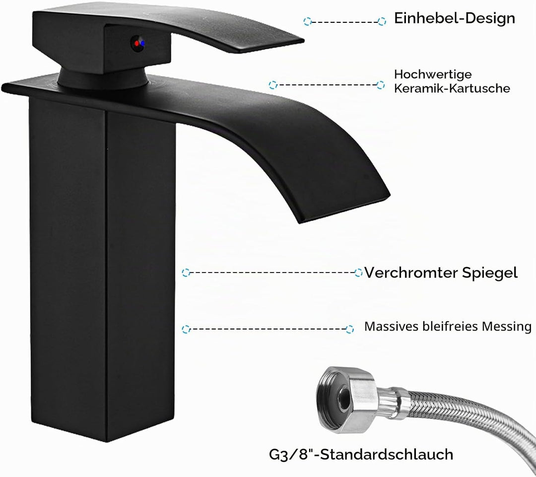 Touch-On Wasserhahn Bad Schwarz - Mattierte Wasserfall-Armatur mit Fingerprint-Schutz | Einhebelmisc