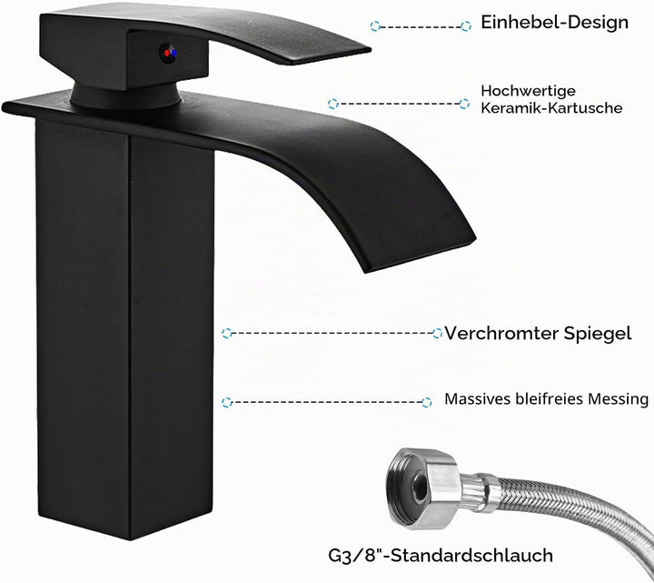 Touch-On Wasserhahn Bad Schwarz - Mattierte Wasserfall-Armatur mit Fingerprint-Schutz | Einhebelmisc