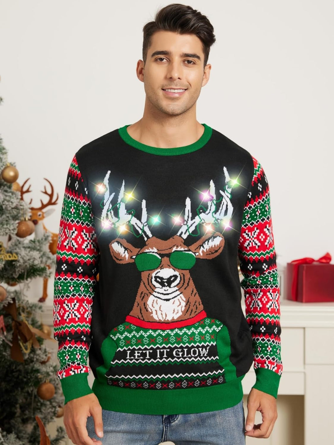 Belovecol Unisex Weihnachtspullover LED Ugly Christmas Sweater Pullover Langarm Strickpullover M Xma