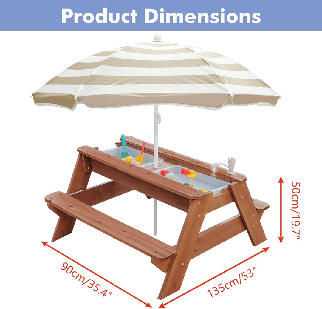 Kids 3-in-1 Sand- und Wasser-Aktivitätstisch, Holz, Outdoor, wandelbarer Picknicktisch mit Regenschi