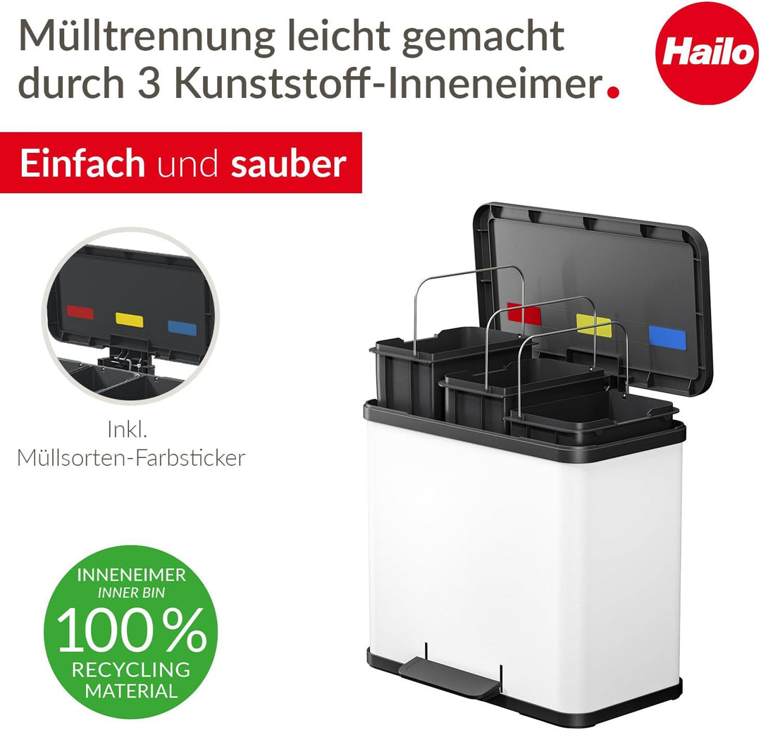 Hailo Öko trio Plus L Tret-Mülltrenner - freistehender 3 x 9 Liter Dreifachmülleimer aus Stahlblech