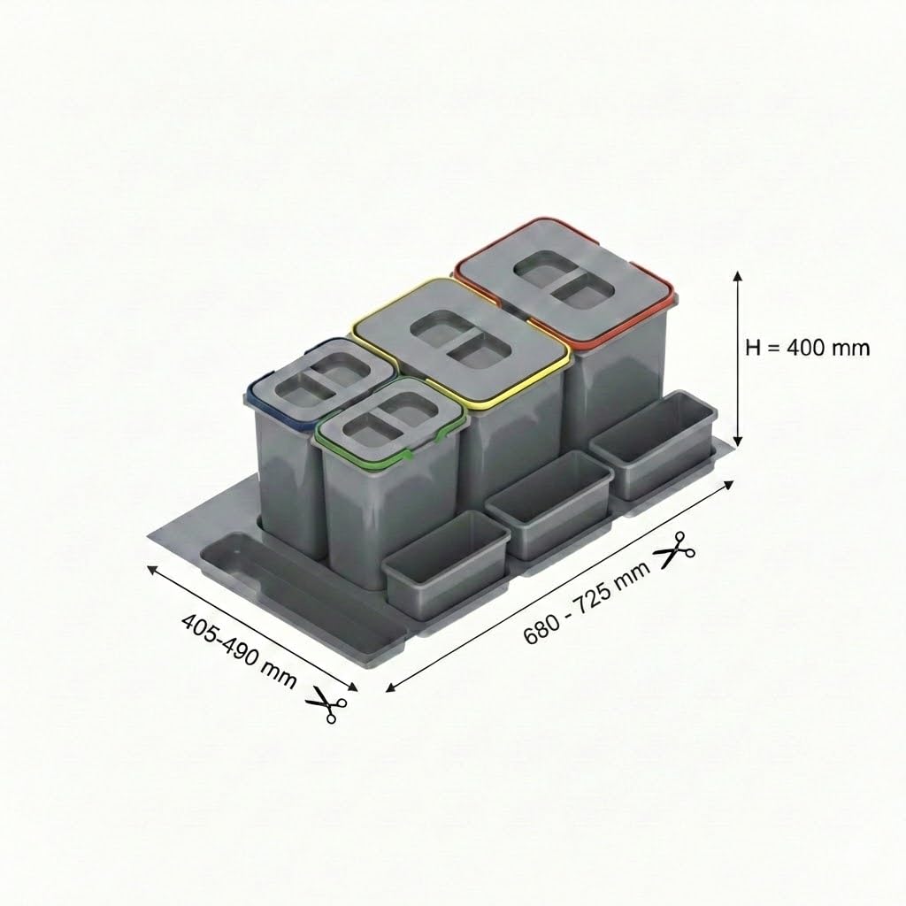 REJS Mülltrennsystem Küche für 80 cm Schrank 4-fach 2 x 20L + 2 x 9L mit Deckel & Griff Einbau Abfal