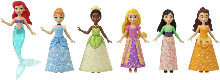 Disney Princess-Spielzeuge, 6 bewegliche kleine Puppen mit Glitzerkleidung und 13 Zubehörteilen für