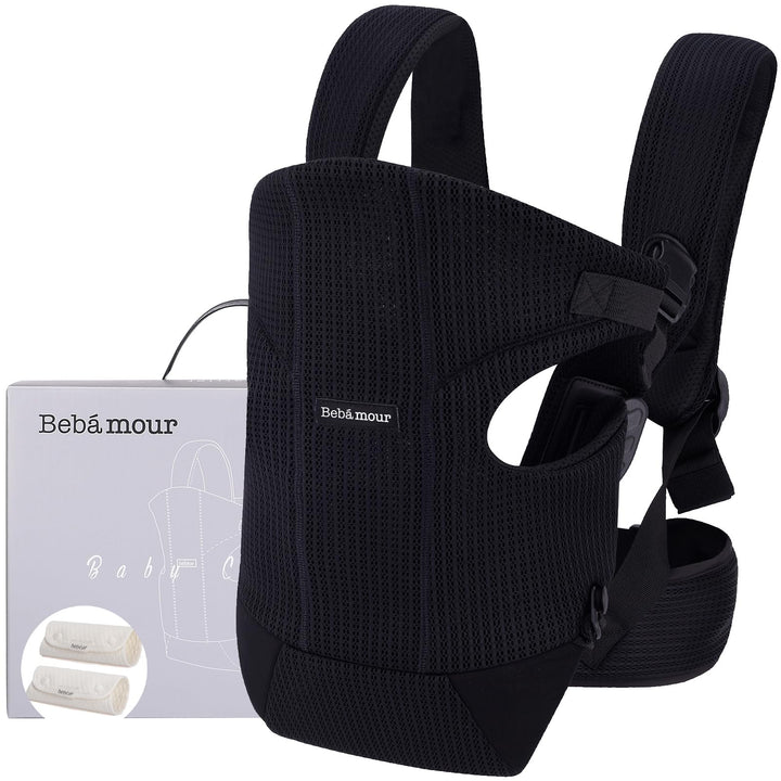 Bebamour Babytrage Vorder und Rückentrage mit 2 Schulterlätzchen, Black, Black