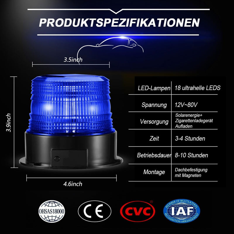 antom 12-24V LED Rundumleuchte Akku blaulicht Warnleuchte Auto mit Magnetfuss für Anhänger Wohnwagen