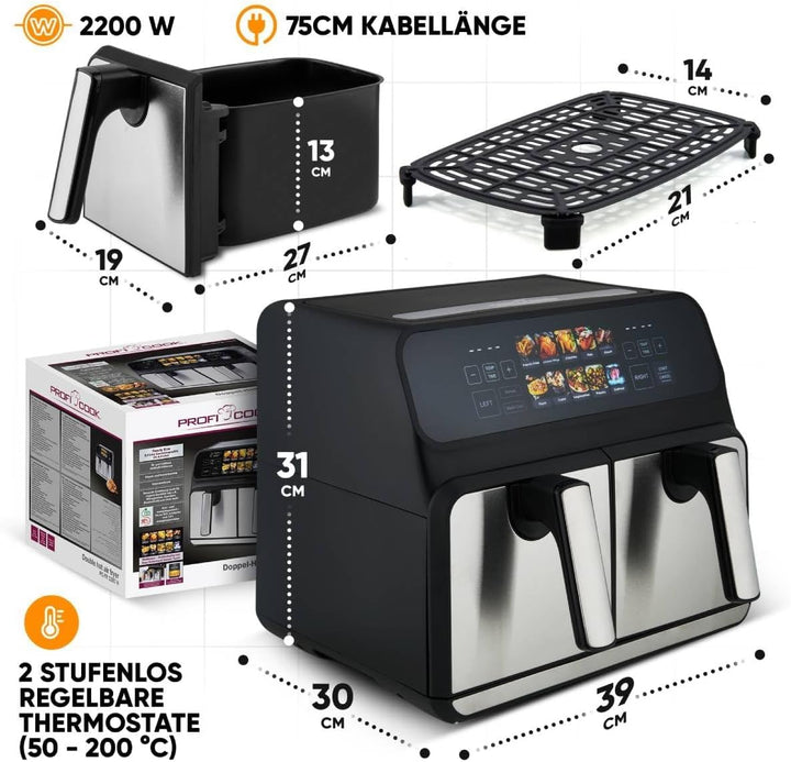ProfiCook® Heissluftfritteuse 2 Kammern | 8L Heissluftfritteuse Doppelkammer | kein Öl oder Fett | A