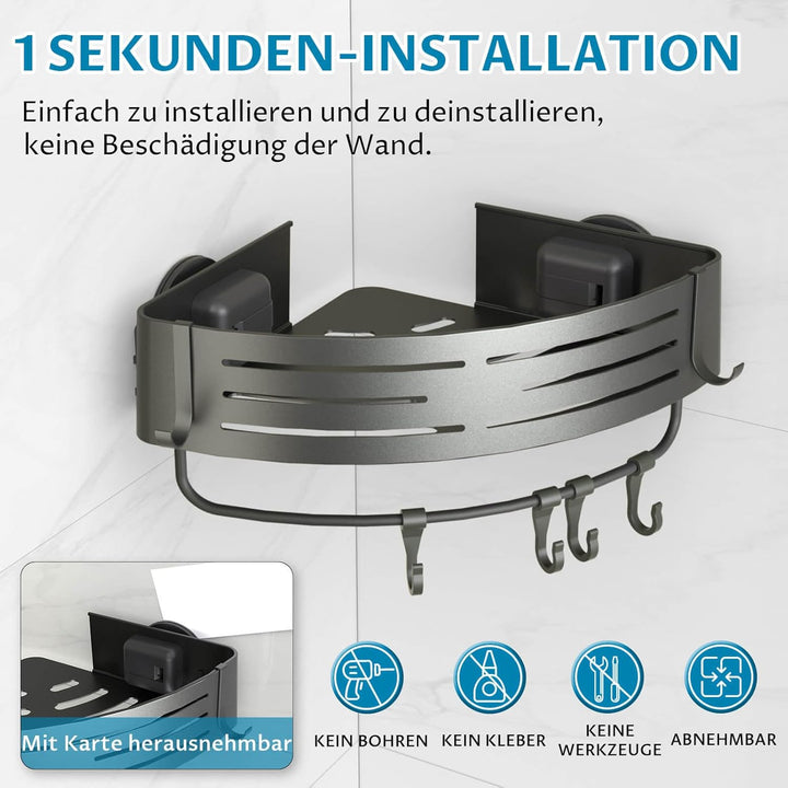 Duschregal Ohne Bohren mit Saugnapf, Eck-Duschablage mit Haken, Wasserdicht Badregal Abnehmbarer Bad