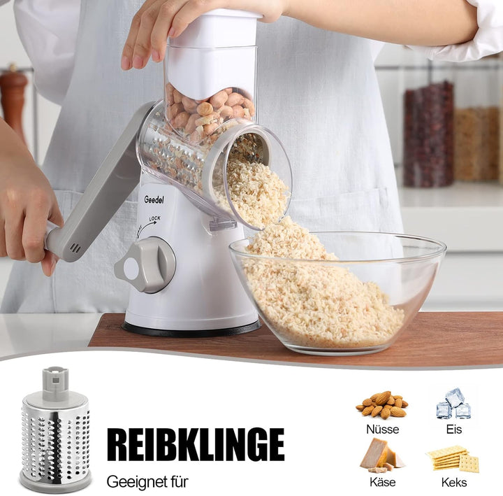 Käsereibe, Reibe für Gemüse mit 3 Trommelblättern, Trommelreibe Schnelleres und Einfaches Schneiden,