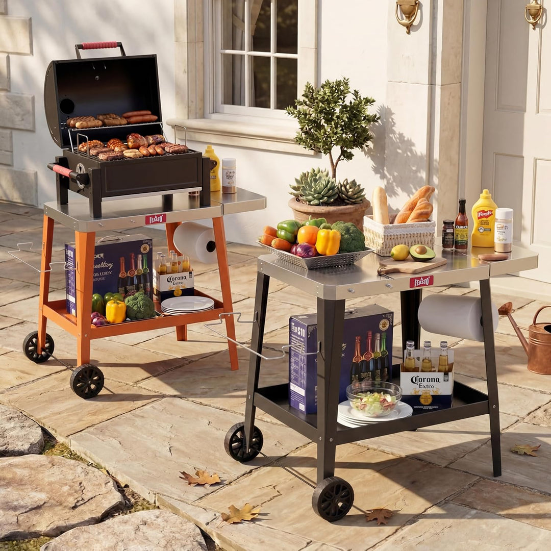 Feasto Grillwagen mit Klappbarem Beistelltisch, Grilltisch mit Rollen, Servierwagen Outdoor für Gart