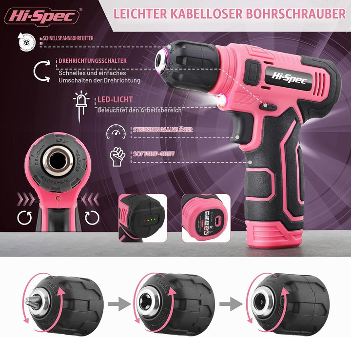 Hi-Spec Pinker Werkzeugkoffer mit Akkuschrauber. 8V USB Akkubohrschrauber, Bit set und Komplettes We