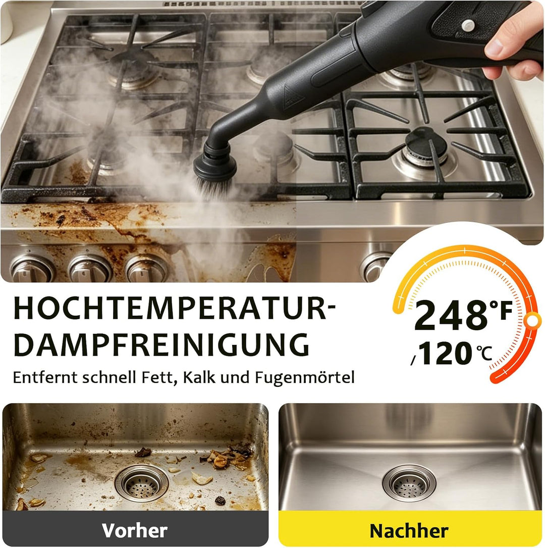 Dampfreiniger, Steam Cleaner mit 5 M Extra Langem Netzkabel | 21 Zubehör| Sicherheitsschloss| Bodend