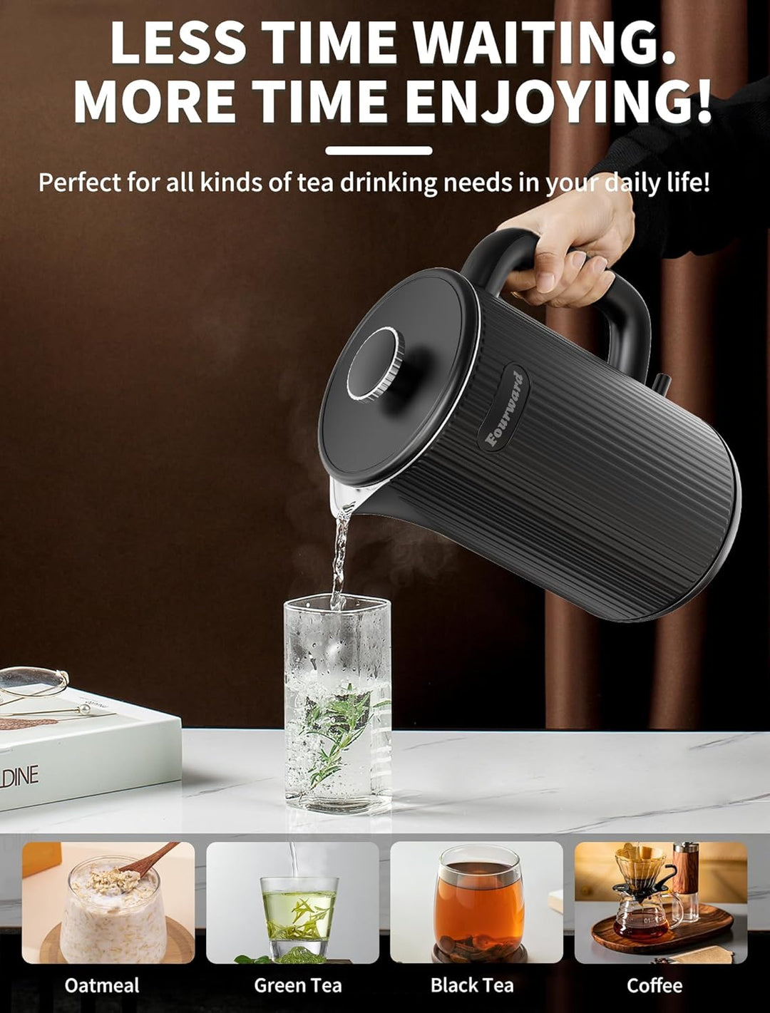 Fourward Wasserkocher - Edelstahl Kettle mit 1,7L Fassungsvermögen, 2200W Schnellkochfunktion, BPA-f