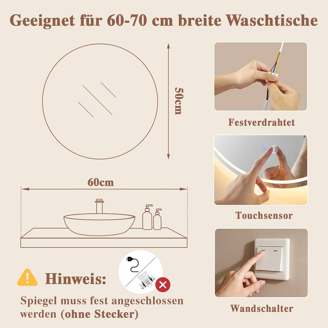 Badspiegel mit Beleuchtung - Badezimmer-Spiegel-LED mit Beschlagfrei, Touch-Schalter, Dimmbar, 3 Lic