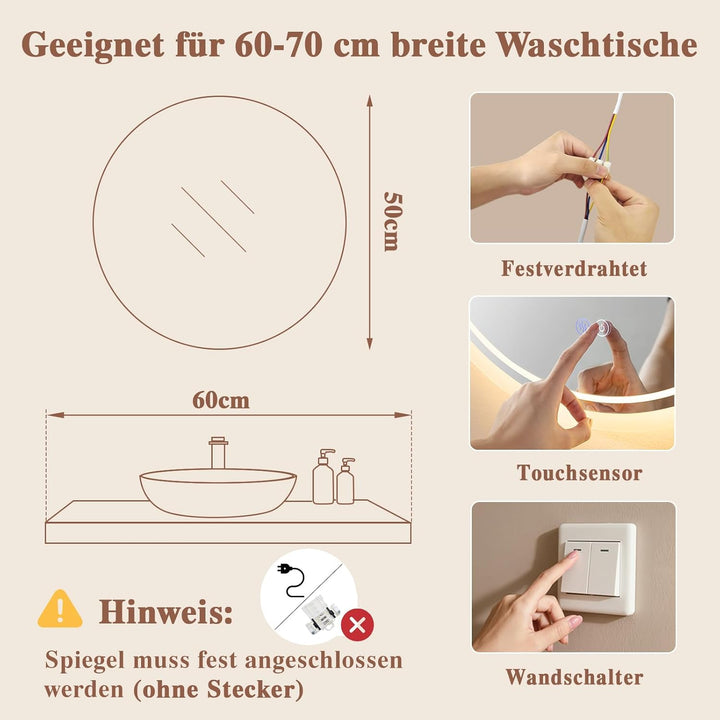 Badspiegel mit Beleuchtung - Badezimmer-Spiegel-LED mit Beschlagfrei, Touch-Schalter, Dimmbar, 3 Lic