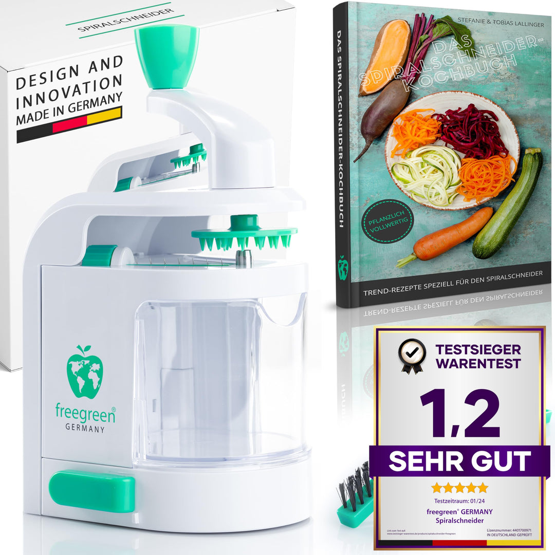 freegreen® GERMANY Spiralschneider mit Auffangbehälter [inkl. Kochbuch] I Ein Zoodle Maker, der bege