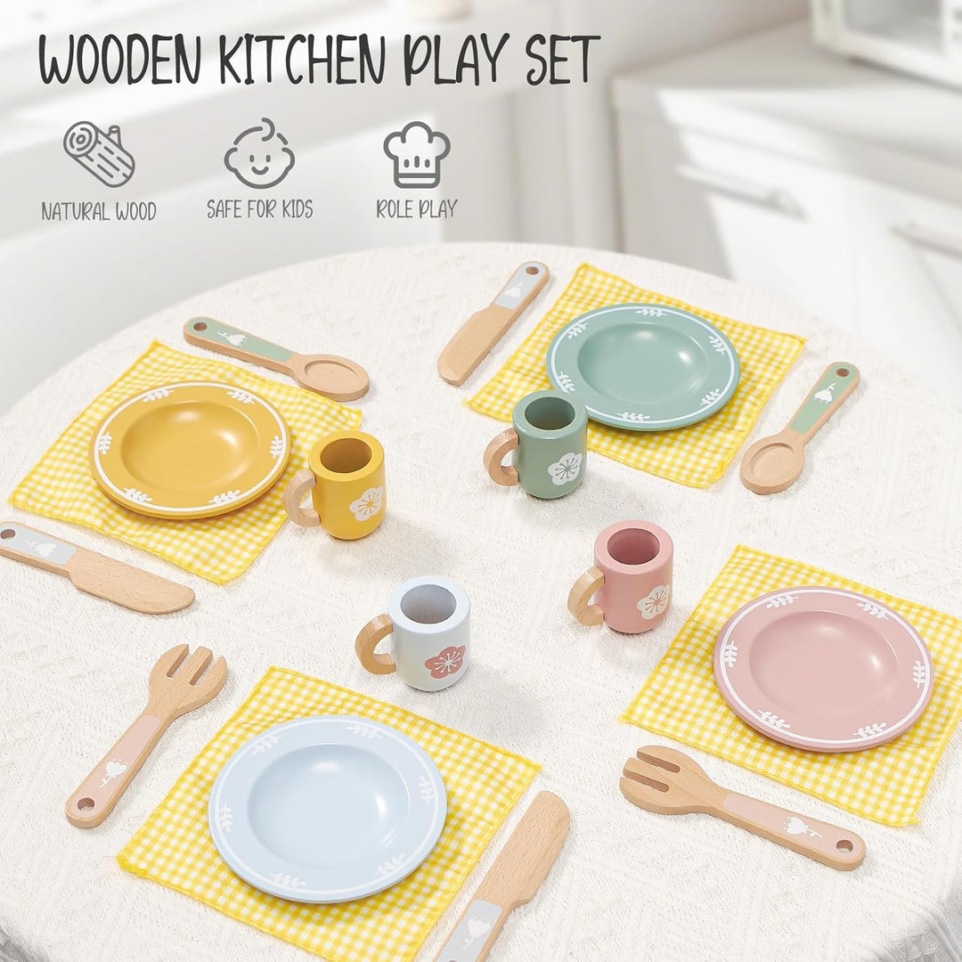 Atoylink Kinderküche Zubehör Holz Geschirr Teeservice Kinder, Geschirrset mit Tassen Teller, Spielkü