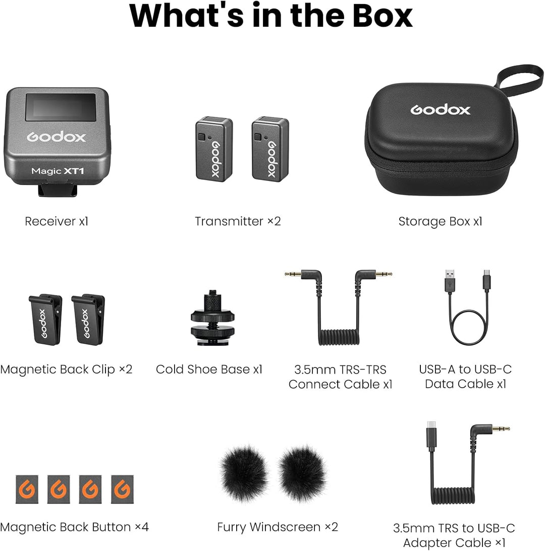 Godox Magic XT1 Wireless Mikrofon (2TX+1RX) für Kamera, USB-C Smartphone, 48kHz/24 bit 200m Reichwei