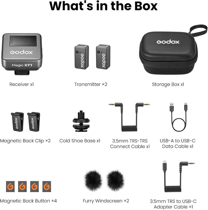Godox Magic XT1 Wireless Mikrofon (2TX+1RX) für Kamera, USB-C Smartphone, 48kHz/24 bit 200m Reichwei