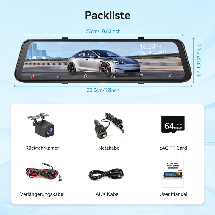 Herilary 12 Zoll 4K Rückfahrkamera Spiegel mit Wireless Android Auto CarPlay, Dashcam Spiegel mit G-