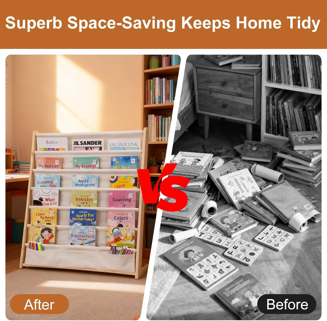 Bücherregal Kinder, 6 Ebenen Bücherregal Kinderzimmer, Aufbewahrung Kinderbücherregal mit Tasche, Bü