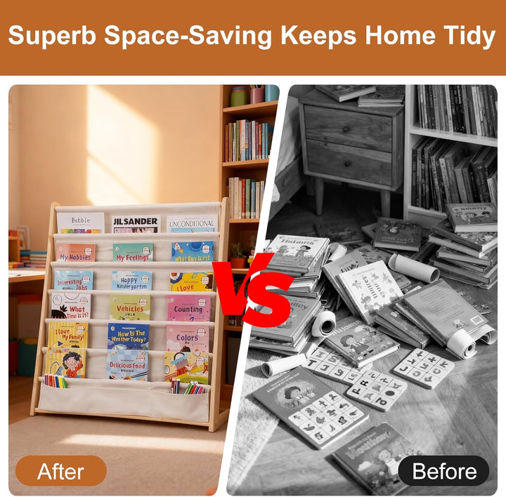 Bücherregal Kinder, 6 Ebenen Bücherregal Kinderzimmer, Aufbewahrung Kinderbücherregal mit Tasche, Bü